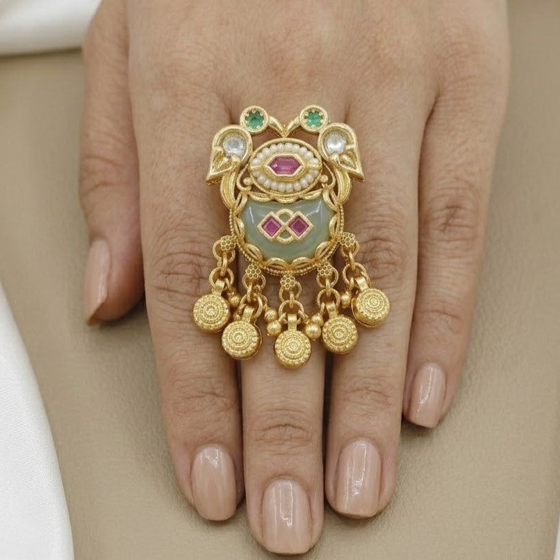 Vintage Gold-Plated Moti Finger Ring with Stone and Jhumki Drops