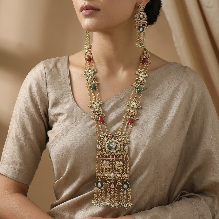Traditional Antique Gold-Toned Enamel & Kundan Necklace Set