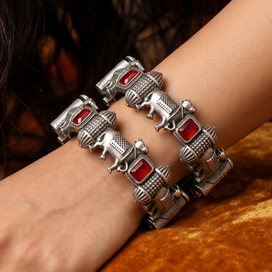 Tribal Oxidized Silver Elephant Bangle Set with Red Accents