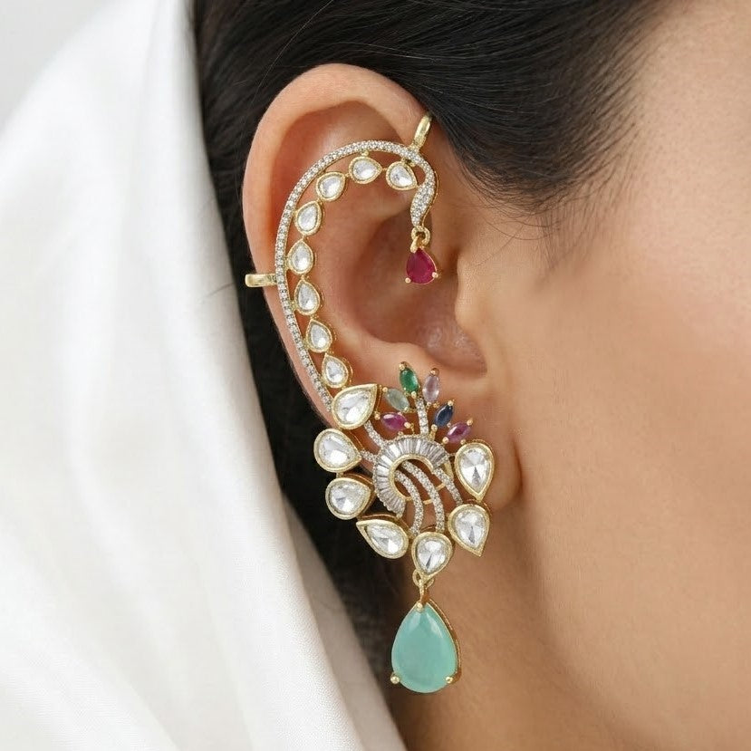 Victorian Polished Kundan & Emerald Full Ear Cuff Earring