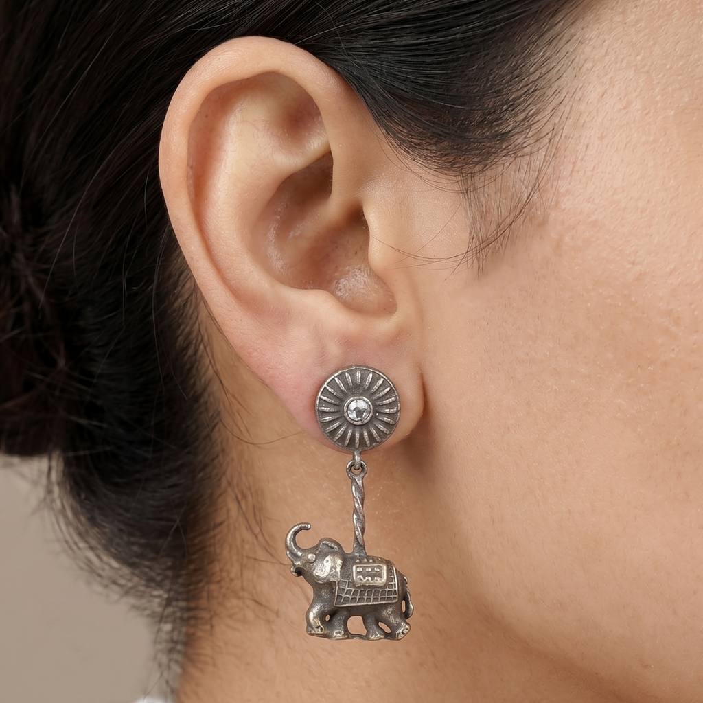Antique Oxidized Silver Elephant Motif Drop Earrings