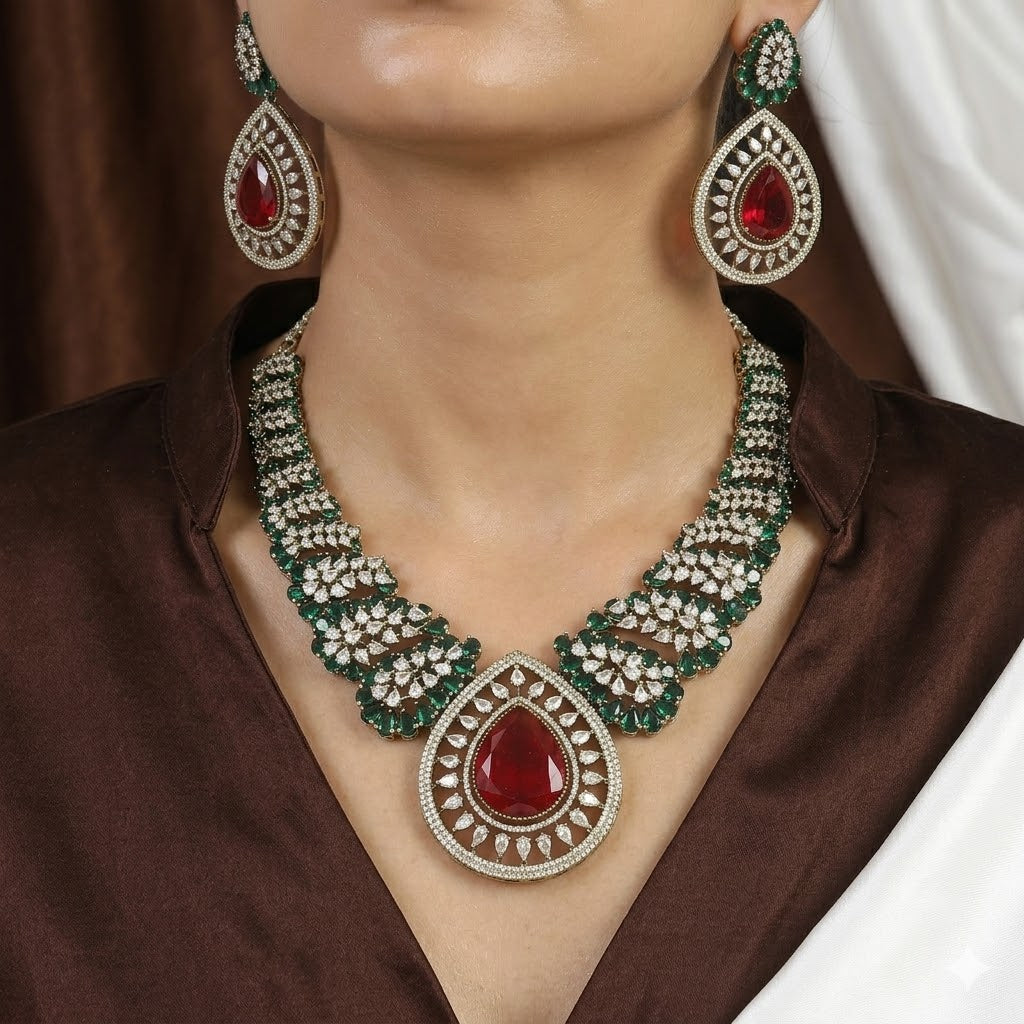 Mehndi Polished Exquisite Ruby and Emerald Diamond Necklace Set