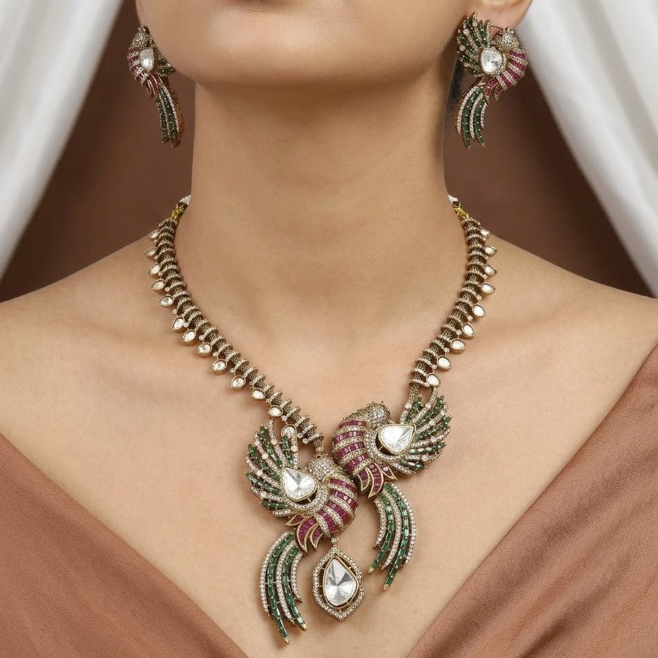 Ruby and Emerald Peacock Polki Necklace Set