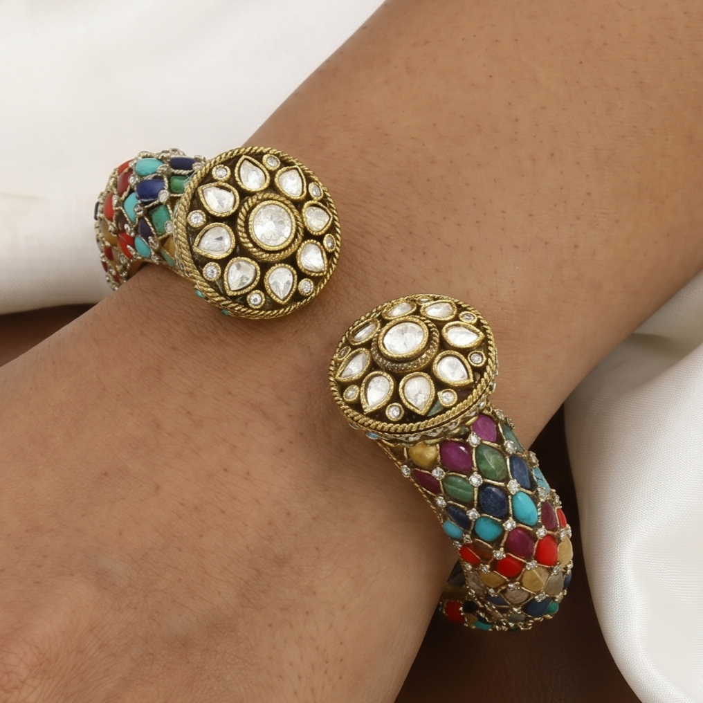 Antique Gold Multi-Stone Polki Open Cuff Bangle Kada