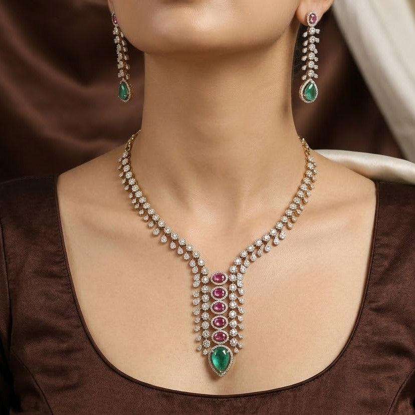 Delicate Emerald and Pink Sapphire CZ Necklace Set