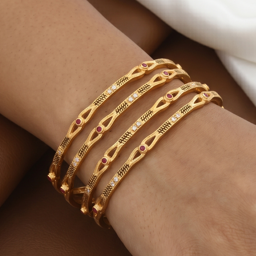 Gold Plated Sleek Bangle Set of 4 with Rubies