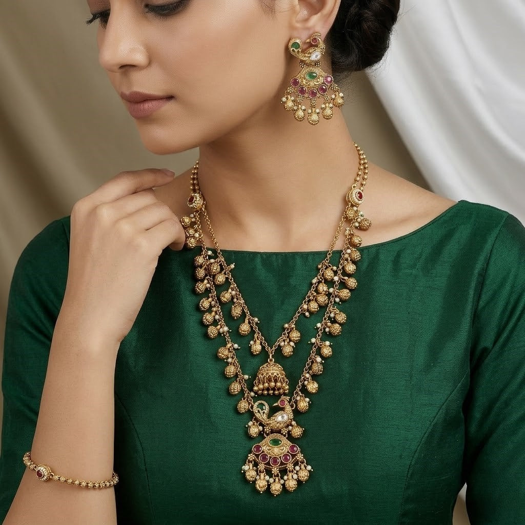 Antique Gold Tone Peacock Jhumka Set