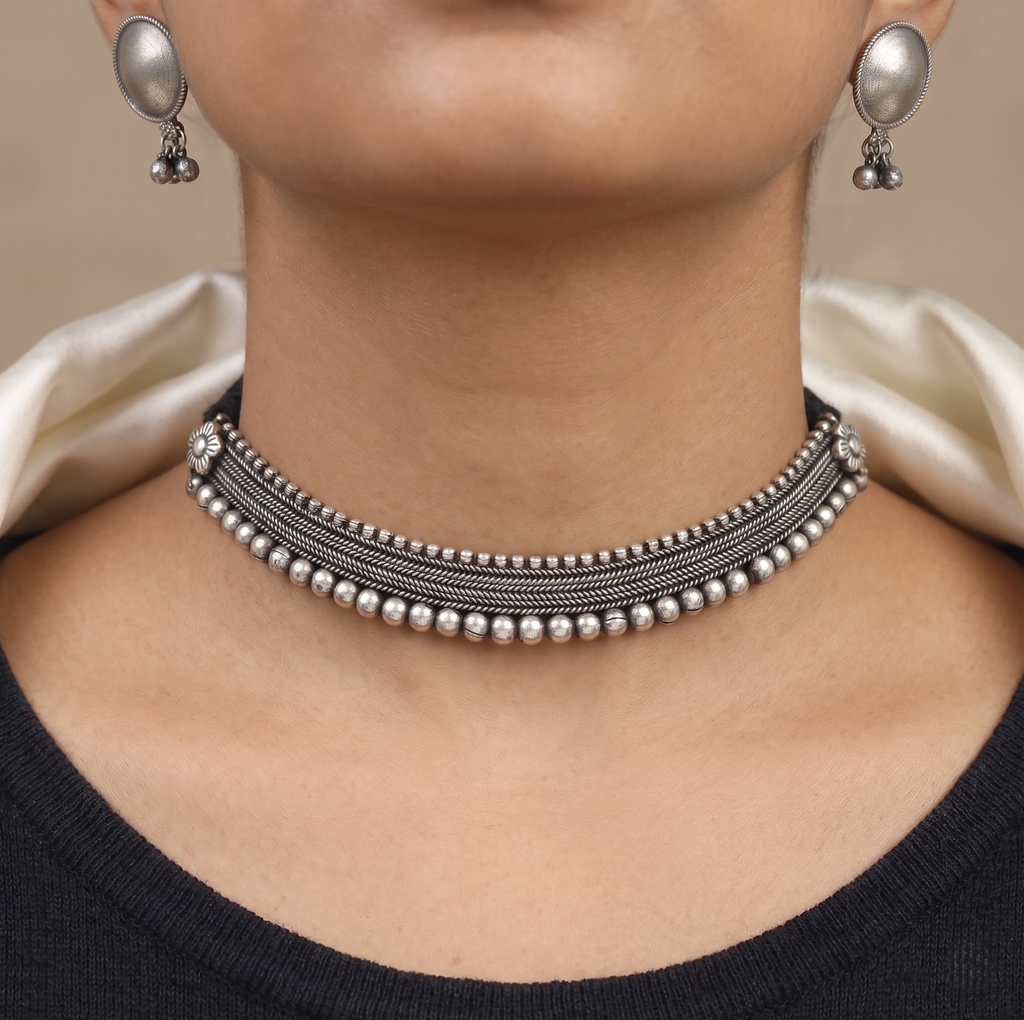 Oxidized Silver Choker Necklace Set with Ghungroo Studs