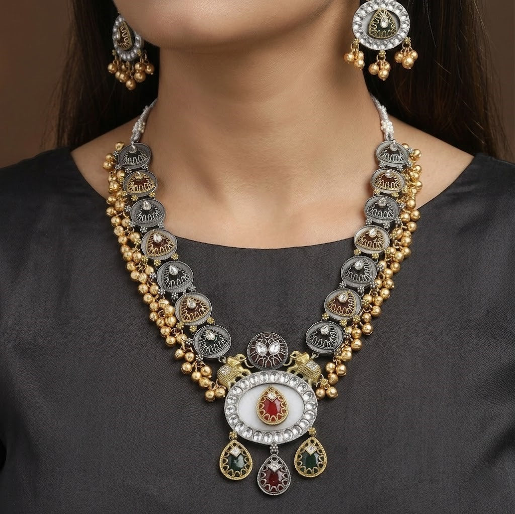 Traditional Oxidized Dual-Tone Necklace Set