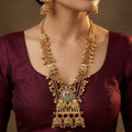 Traditional Elephant Motif Gold-Toned & Green Stone Temple Jewelry Set