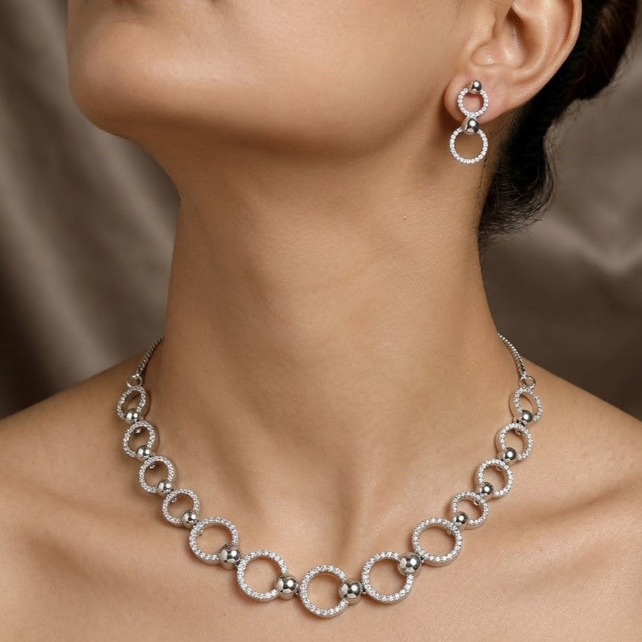 Sparkling Silver-Toned Zirconia Circle Necklace and Earring Set