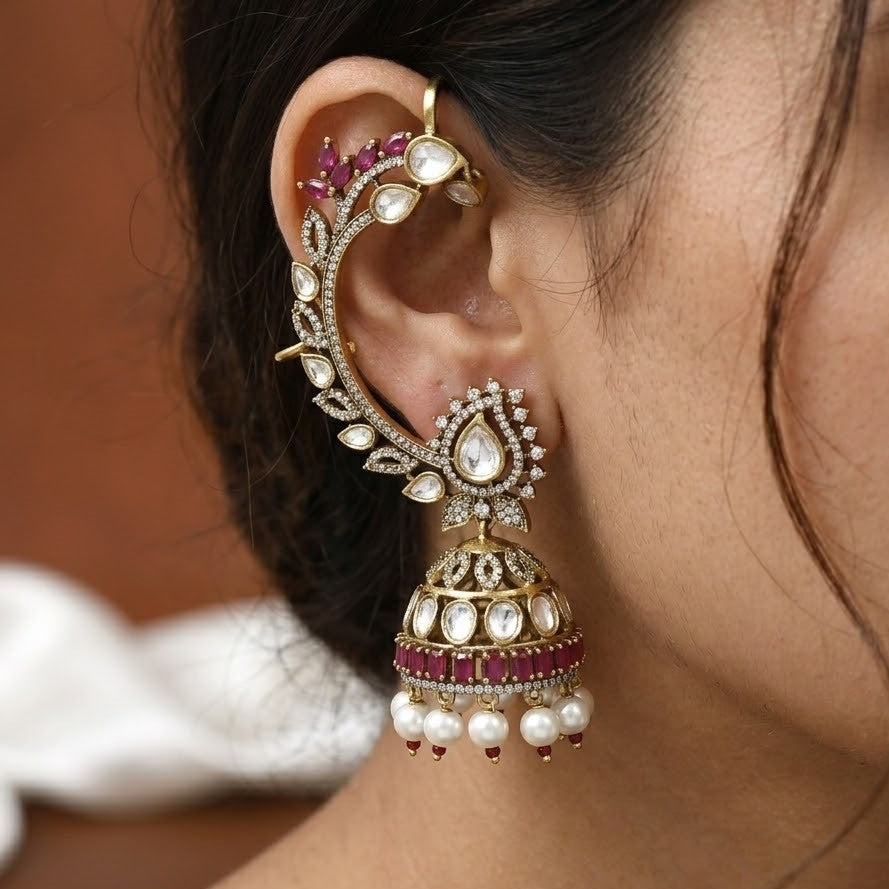 Victorian Polished Antique Gold Kundan & Ruby Jhumka Ear Cuffs