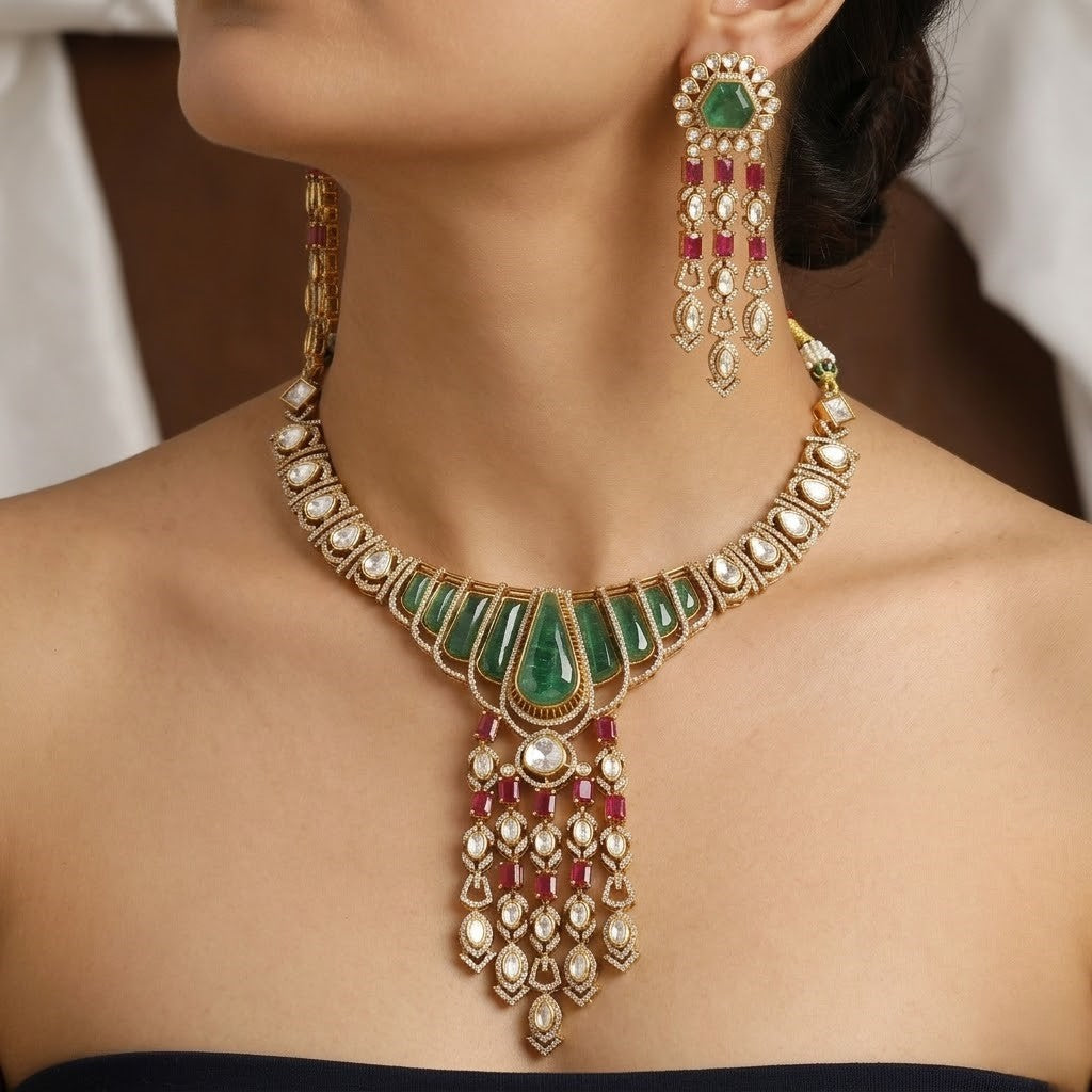 Royal Polki & Emerald Chandelier Necklace Set with Ruby Accents