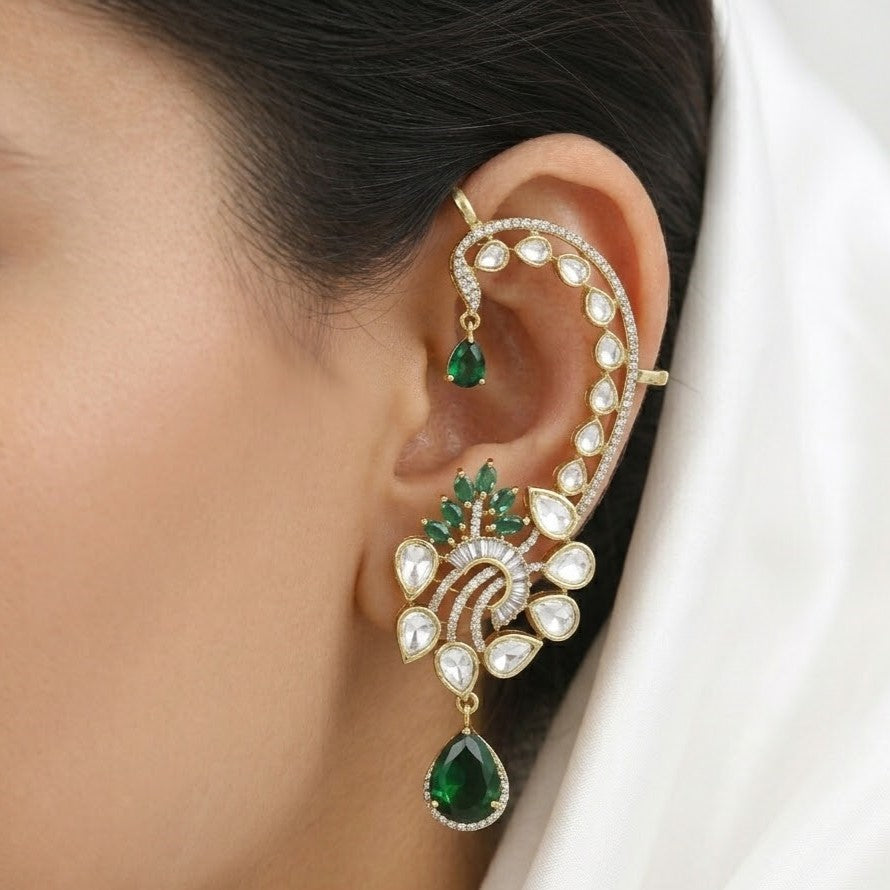 Victorian Polished Kundan & Emerald Full Ear Cuff Earring