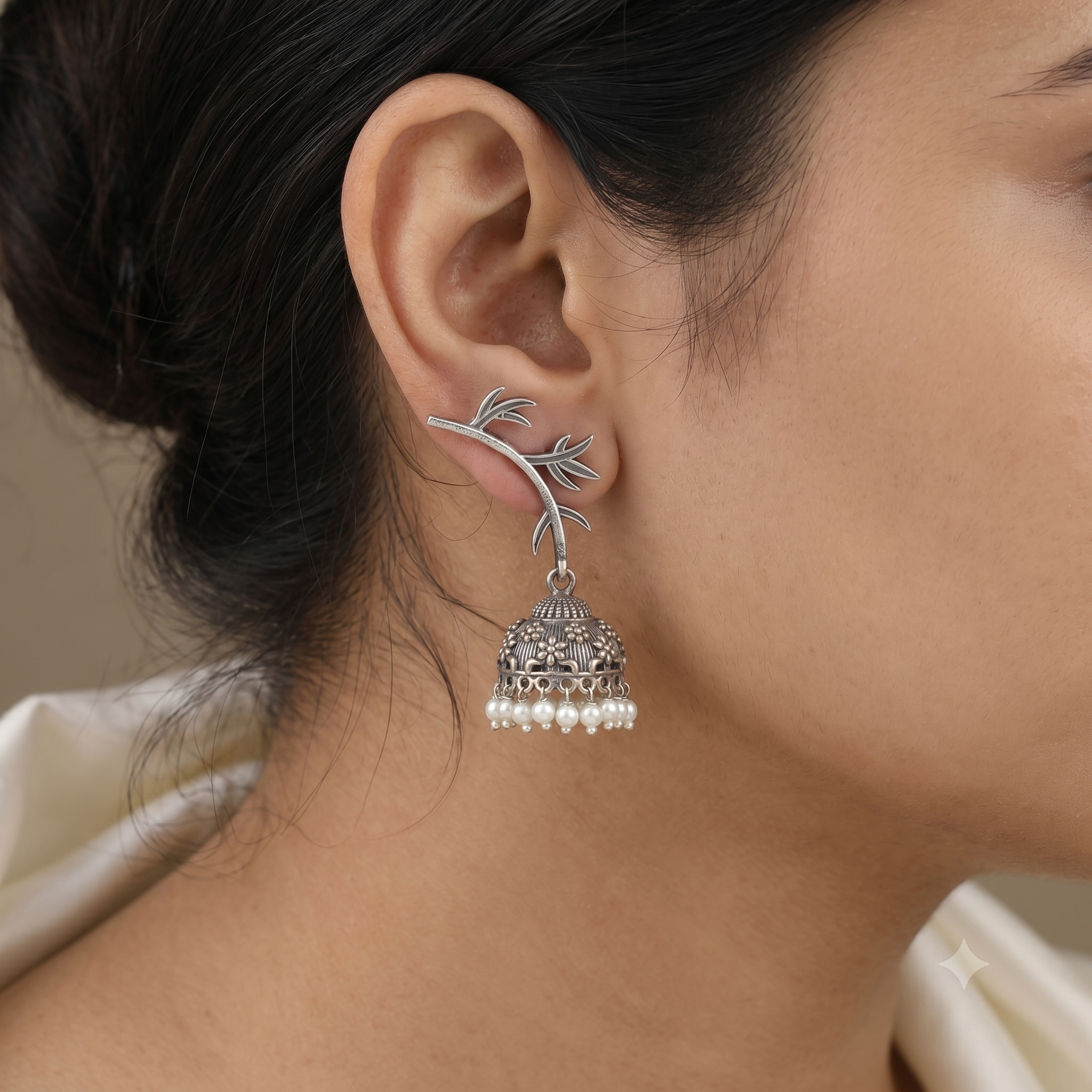 Antique Silver Branch Leaf Ear Cuff Jhumkas with Pearls