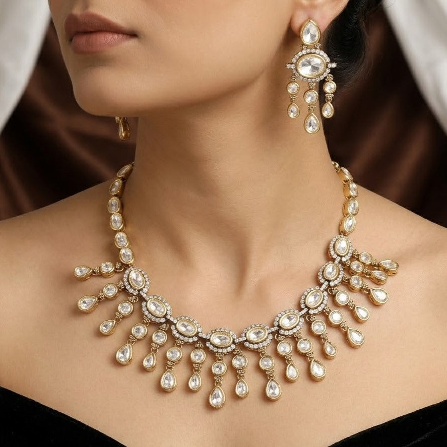 White Stone Studded Kundan Fringe Necklace Set