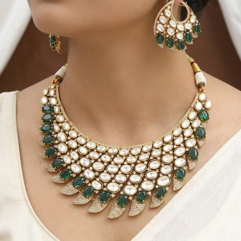 Emerald and Uncut Diamond Polki Neckpiece Set