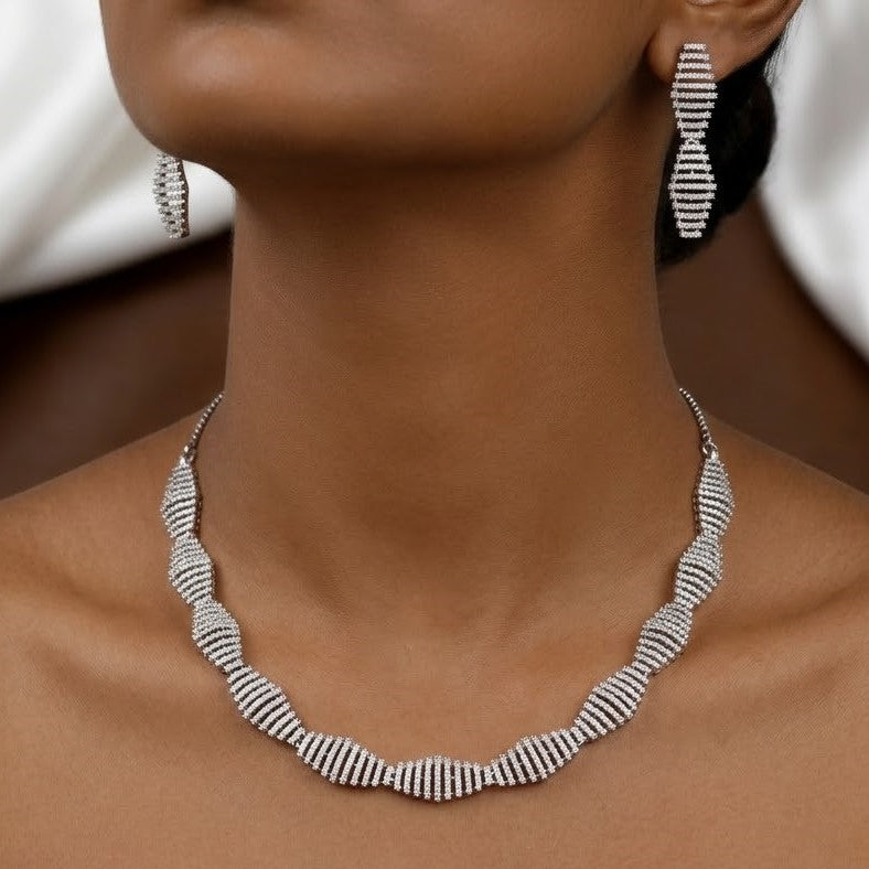 Silver Tone Modern Spiral Cubic Zirconia Necklace & Stud Earring Set