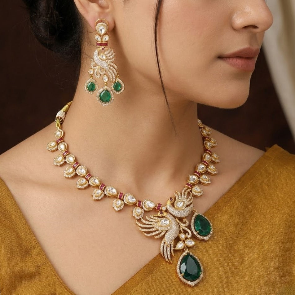 Royal Peacock Polki Necklace Set with Teardrop Emeralds