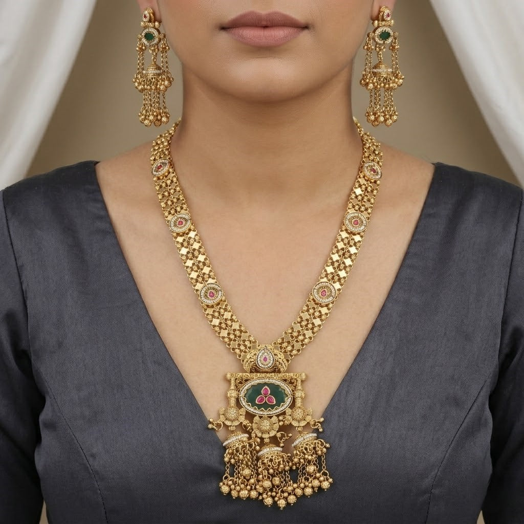 Antique Gold Toned Intricate Long Necklace Set