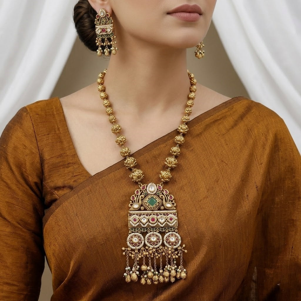 Grand Antique Gold Toned Long Necklace Set with Jhumka Earrings