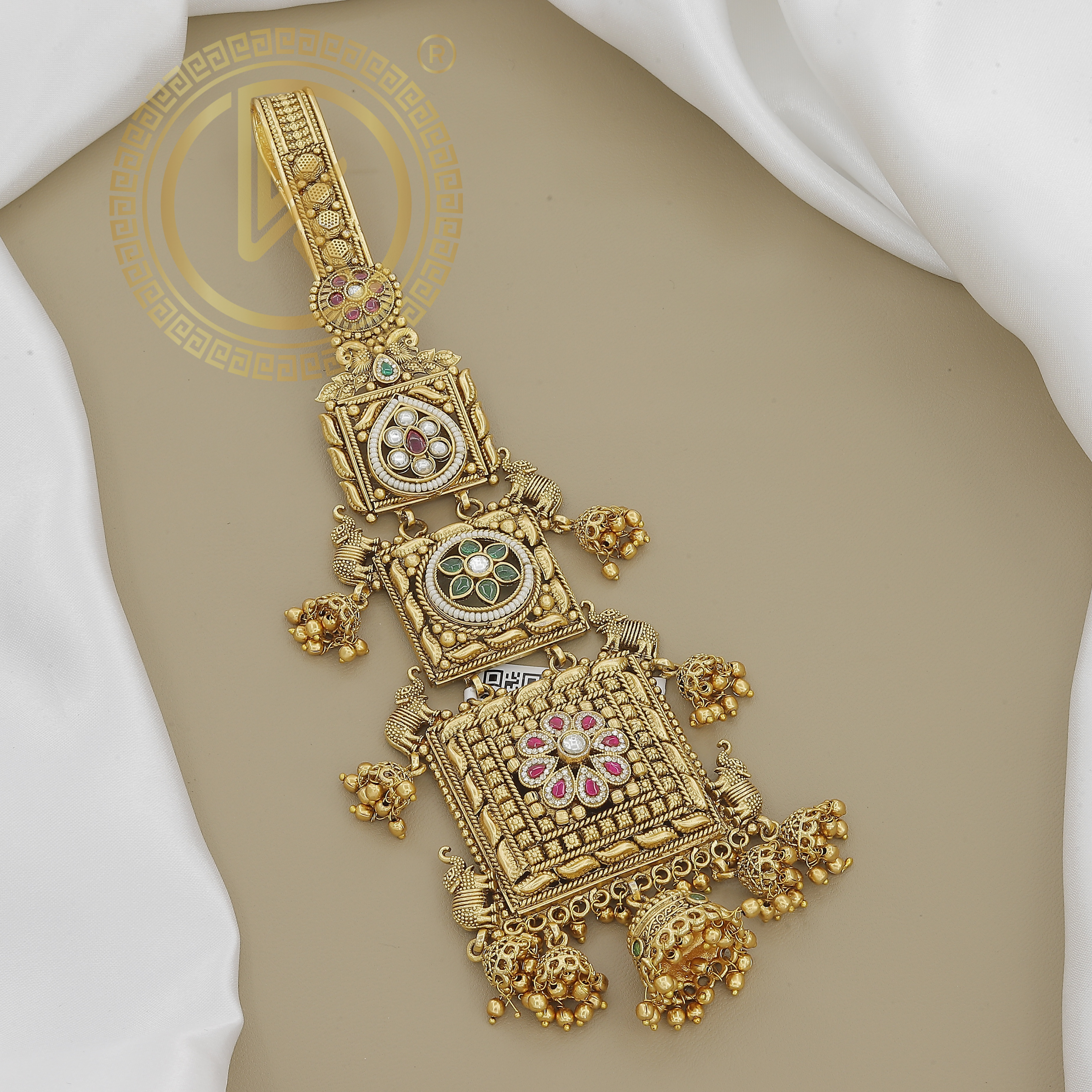 Antique Gold Belly Juda with Square Kundan Motifs and Pearl Drops