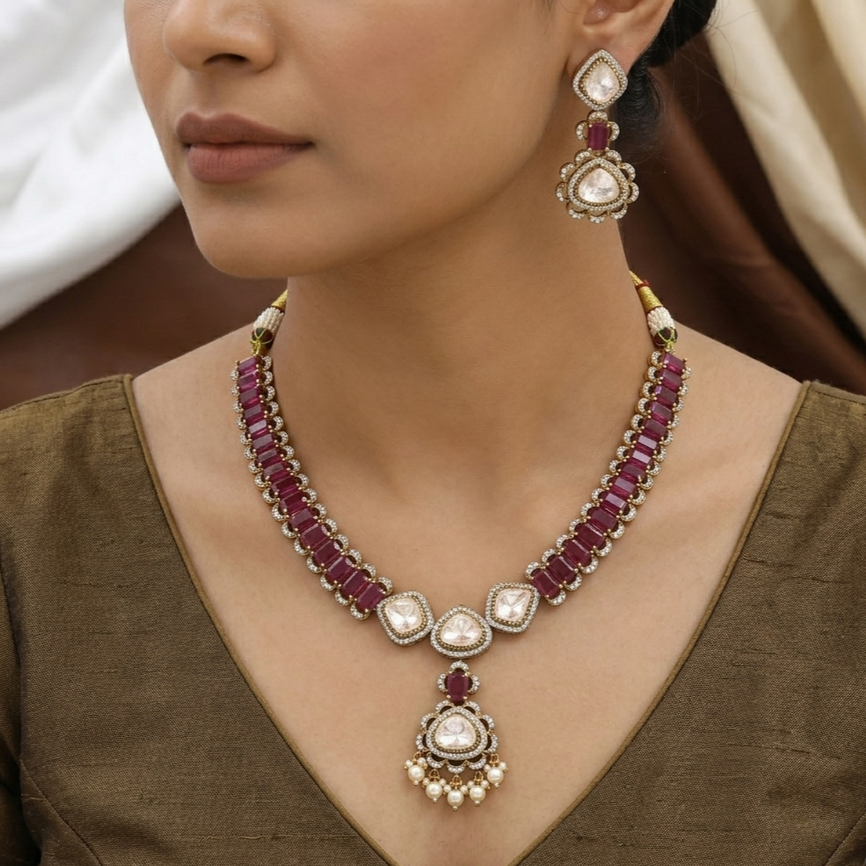 Traditional Gold Plated Kundan & Ruby Red Necklace Set