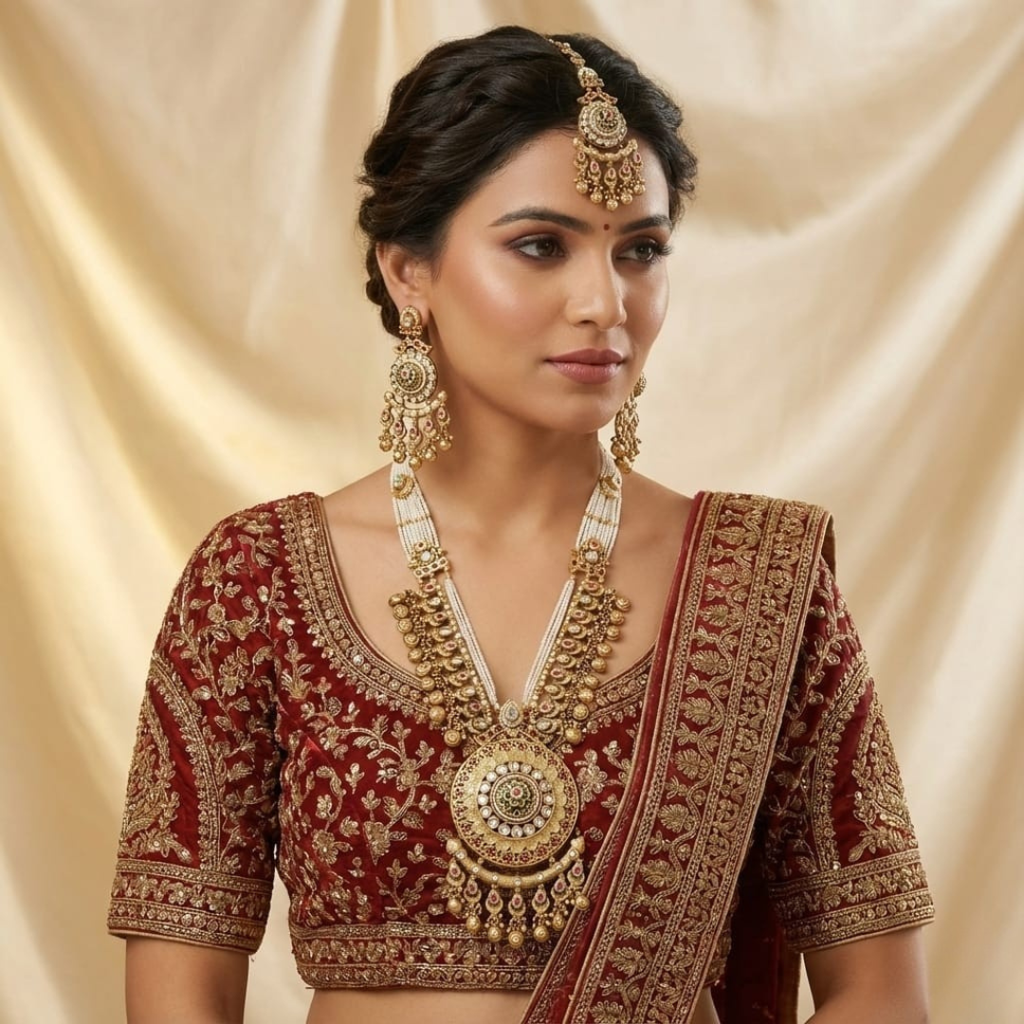 Complete Antique Gold Bridal Set Necklace, Earrings & Maang Tikka