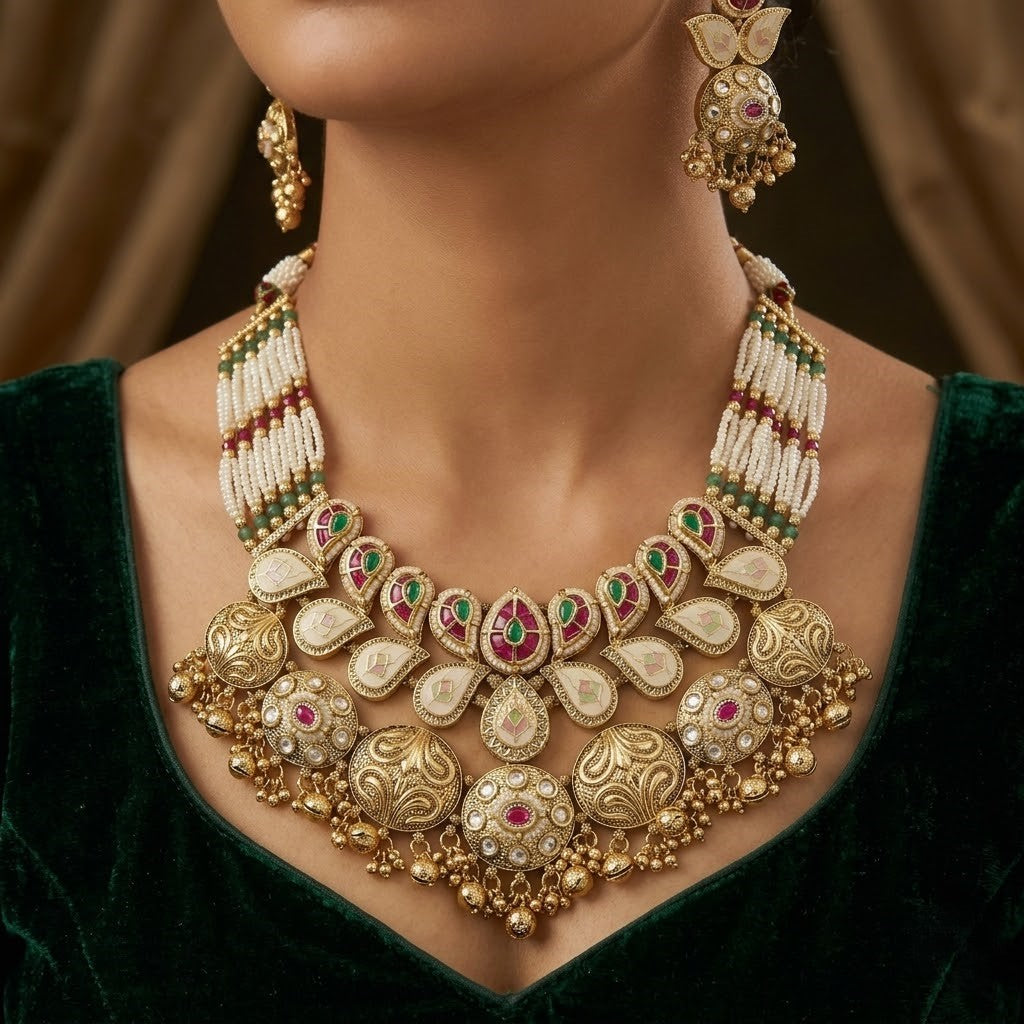 Handcrafted Meenakari & Polki Layered Necklace Set with Seed Pearls