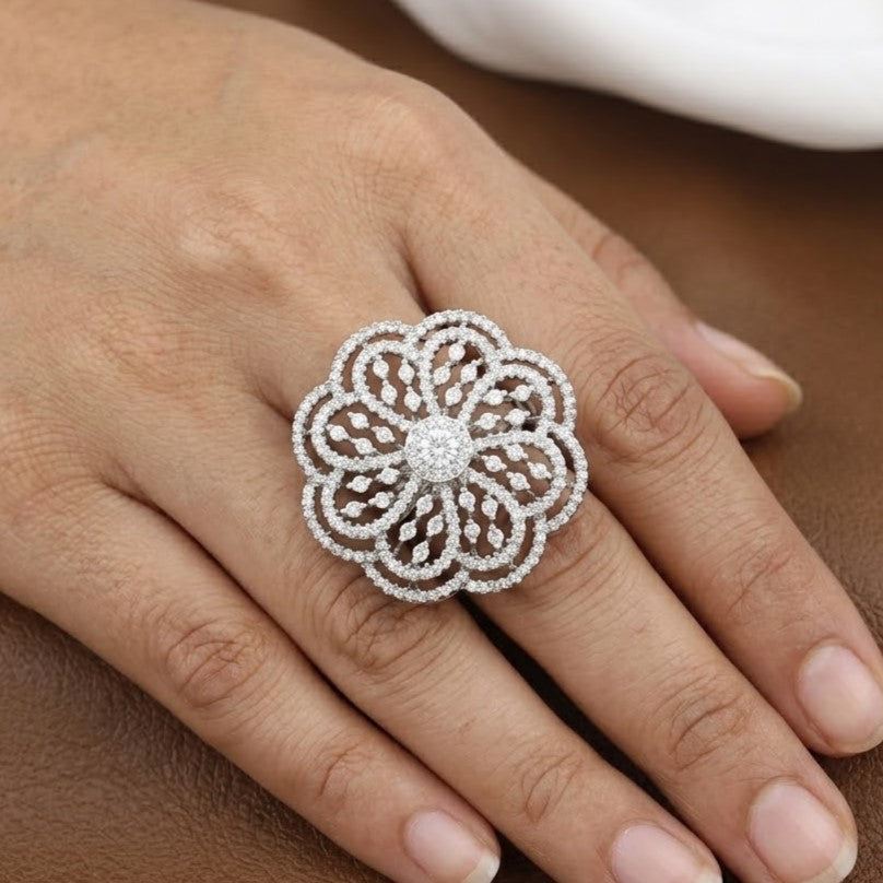 Grand Floral Silver Polished Party Wear Ring