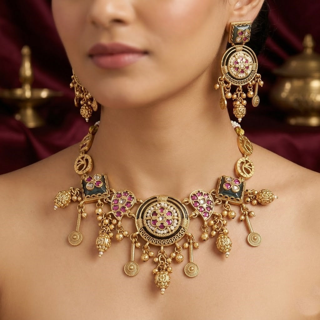Gold Plated Ruby and Pearl Kundan Necklace Set with Earrings