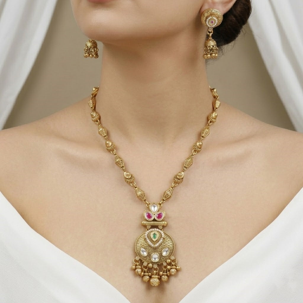 Antique Gold Finish Traditional Long Mini Necklace & Earrings Set