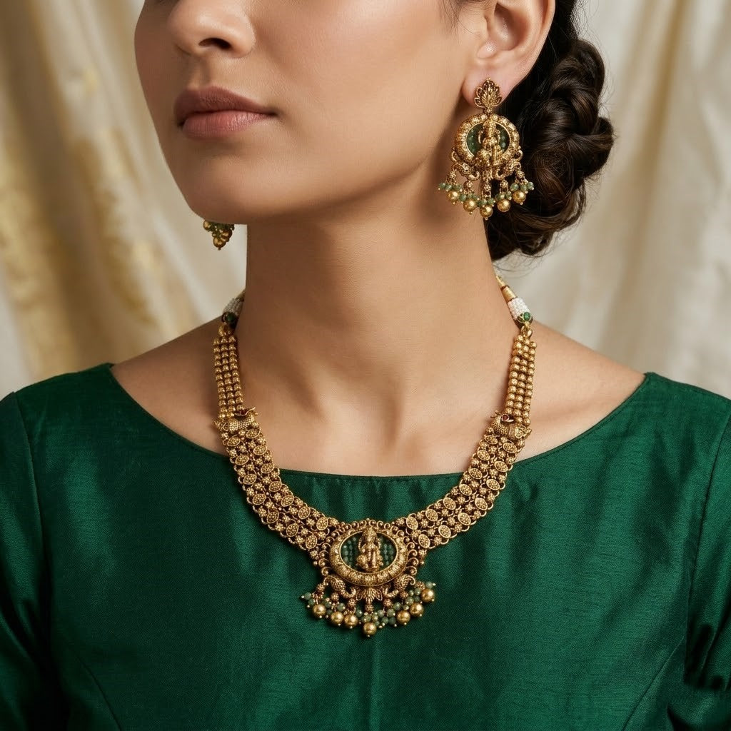 Antique Gold-Plated Lakshmi Temple Jewelry Necklace Set with Green Beads