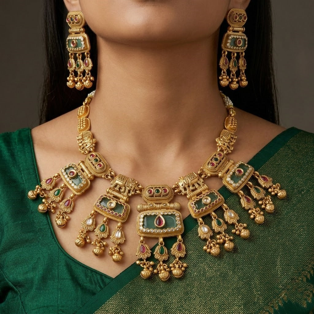 Antique Gold Tone Meenakari Wedding  Necklace & Earring Set