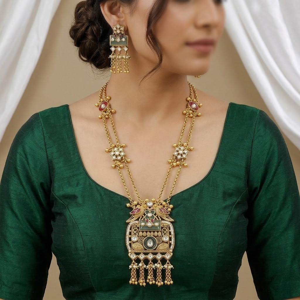 Ethnic Gold-Plated Peacock & Jhumki Necklace Set with Meenakari Work
