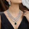 Emerald Green & American Diamond 3-Layer Floral Necklace Set (With Chain)