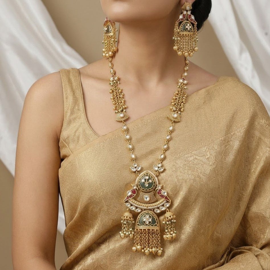 Antique Gold-Toned Peacock Motif & Green Enamel Necklace Set