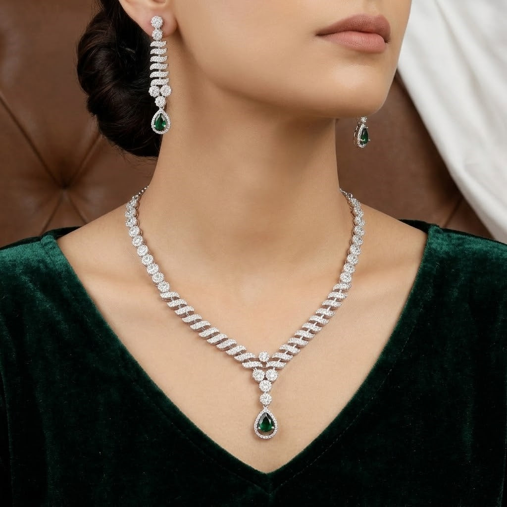 Silver Tone Emerald Drop CZ Necklace & Swirl Earring Set