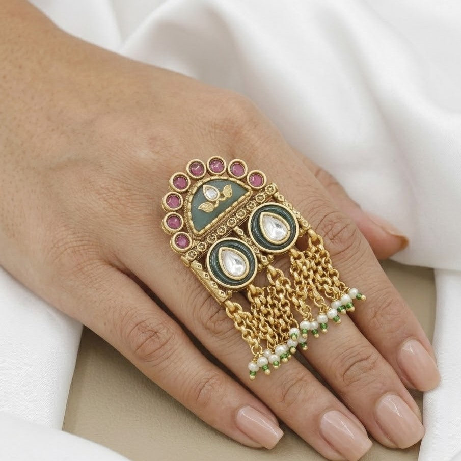 Antique Kundan Ring with Ruby, Green Enamel & Pearl Tassels