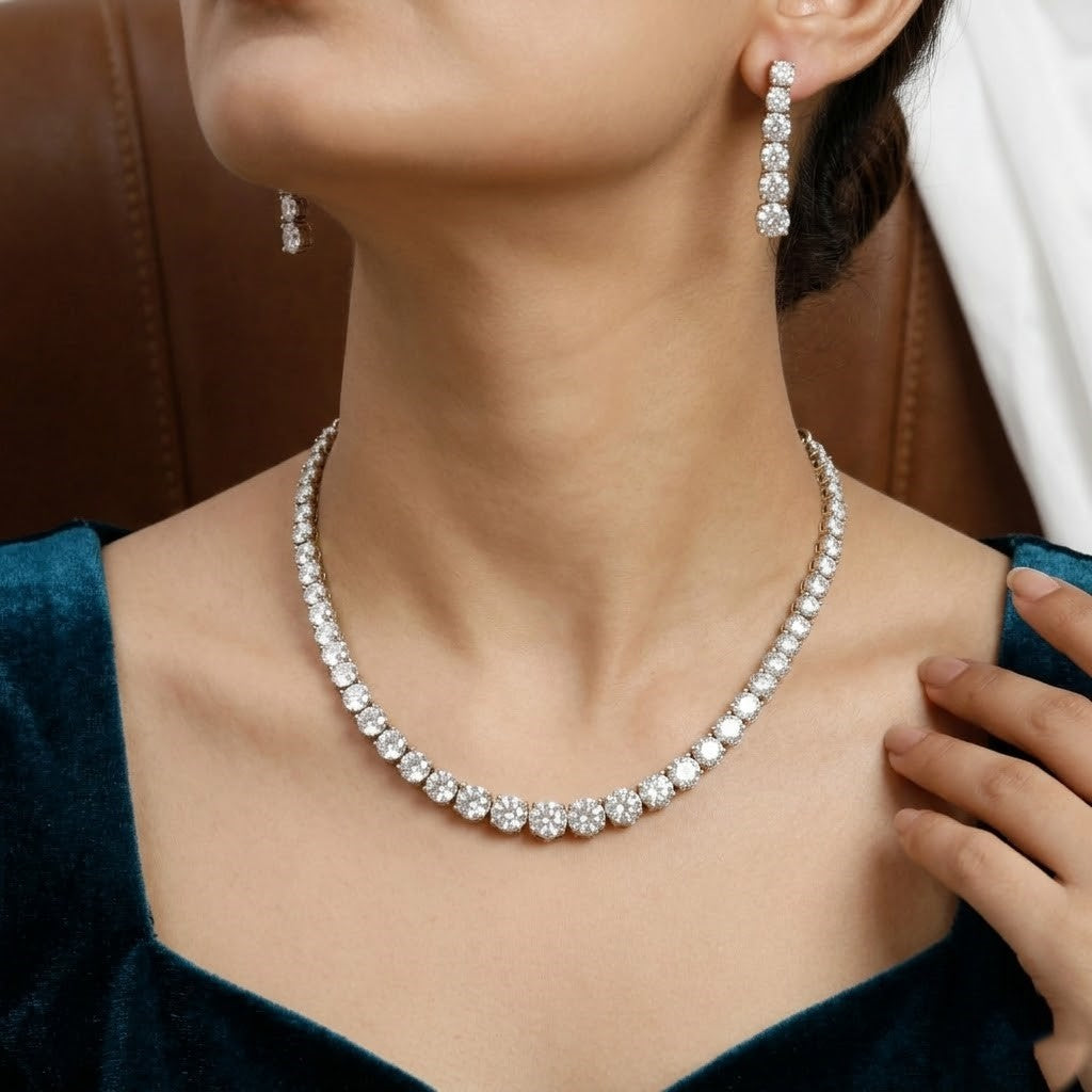 Mehndi Polished Classic CZ Tennis Necklace & Drop Earring Set