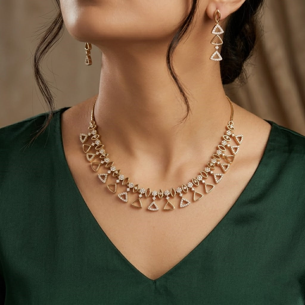 Mehndi Polished Elegant Pear Drop CZ V-Necklace & Dangler Earrings