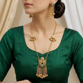 Traditional Antique Gold Plated Choker Necklace with Green Enamel and Jhumki Earrings