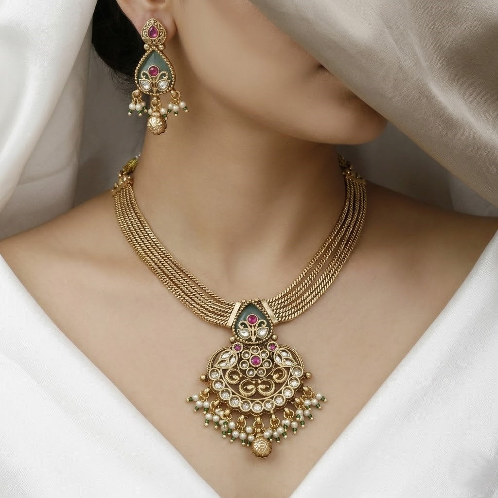 Antique Gold-Plated Meenakari Necklace Set with Kundan & Pearl Accents