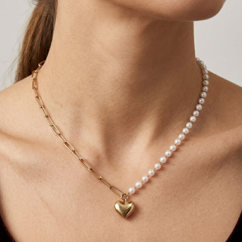 Heart Charm Asymmetrical Pearl & Gold Link Necklace