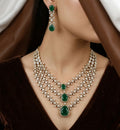 Mehndi Polished Sparkling CZ Vine Leaf Necklace & Chandelier Drop Earring Set