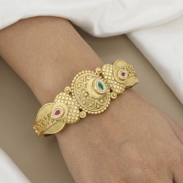 Antique Gold Kada Bangle with Red & Green Stones