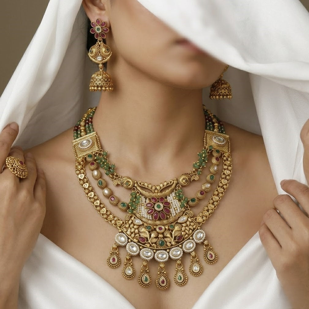 Antique Gold Toned Finish Kundan Necklace Set with Colored Beads