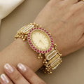 Vintage-Style Watch Bracelet with Ruby Stones & Pearl Accents