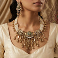 Antique Gold-Plated Kundan Necklace Set with Seed Pearls & Green Meenakari