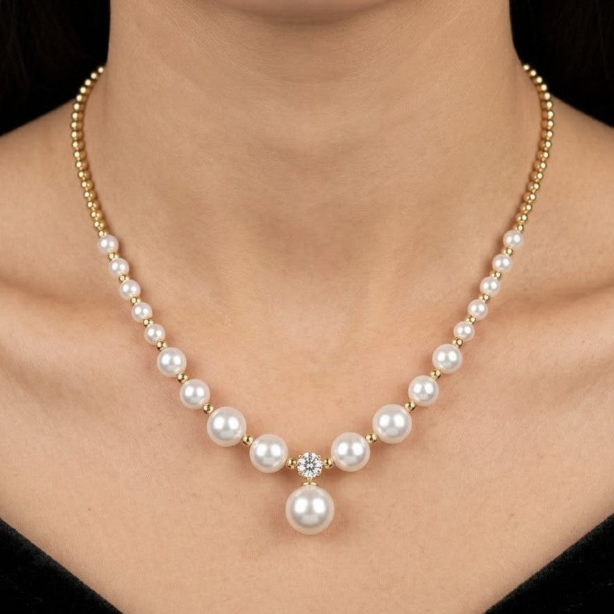 Pearl & Gold Beaded Necklace with Crystal Drop Pendant
